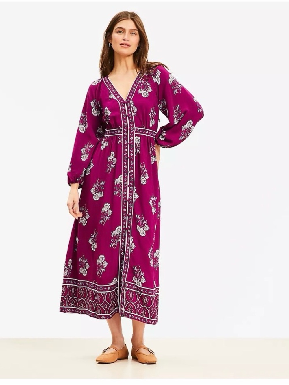 Loft Bohemian Floral V-Neck Maxi Dress in Magenta
